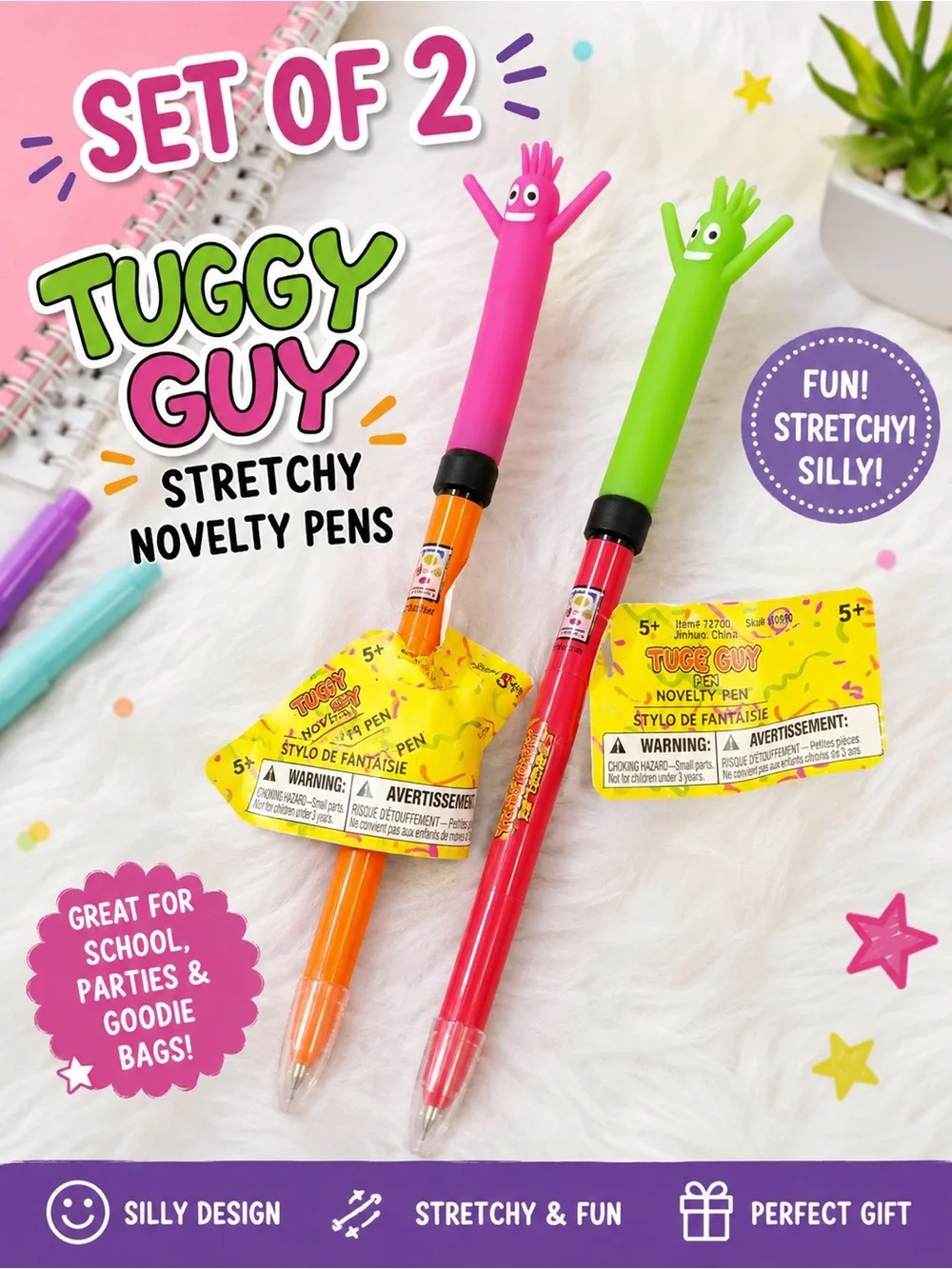 Stretchy Novelty Pen Set - Pink & Green